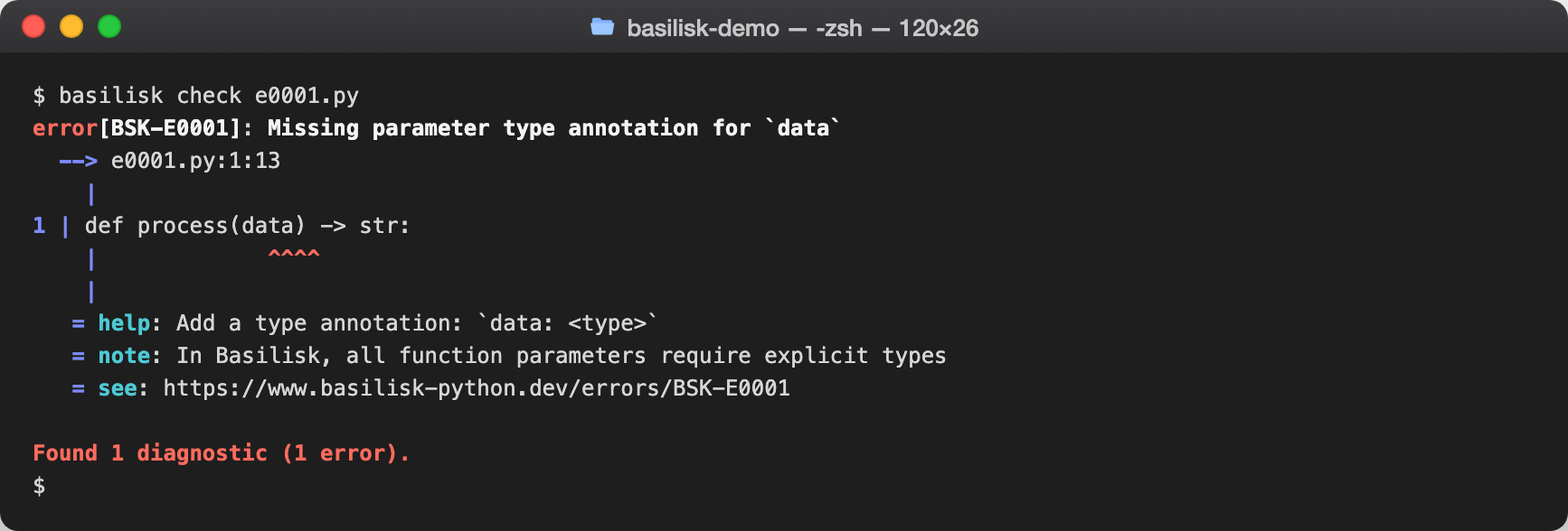 basilisk check output reporting BSK-E0001 — Missing parameter type annotation