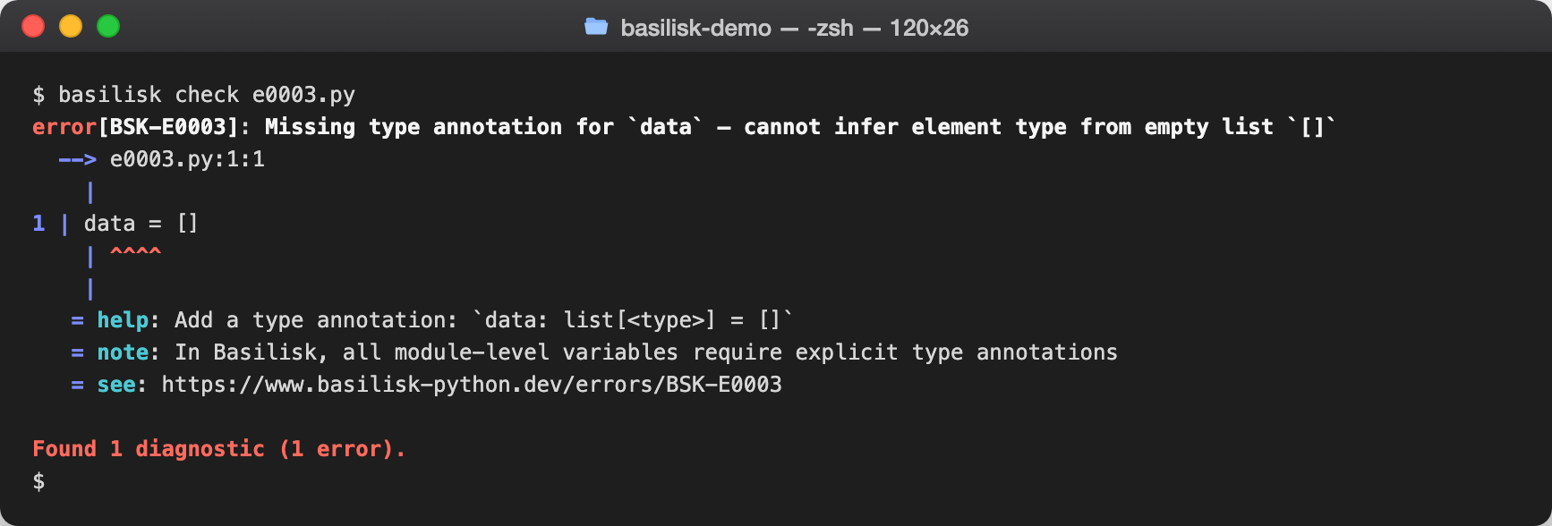 basilisk check output reporting BSK-E0003 — Missing variable type annotation