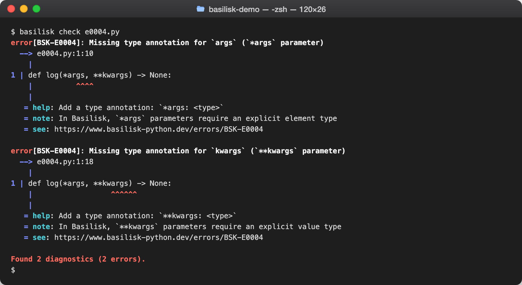 basilisk check output reporting BSK-E0004 — Missing `*args` / `**kwargs` type annotation