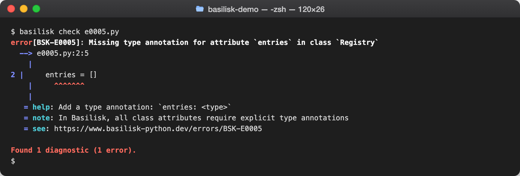 basilisk check output reporting BSK-E0005 — Missing class attribute type annotation