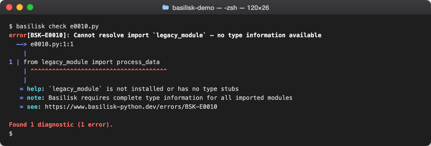 basilisk check output reporting BSK-E0010 — Unresolved import