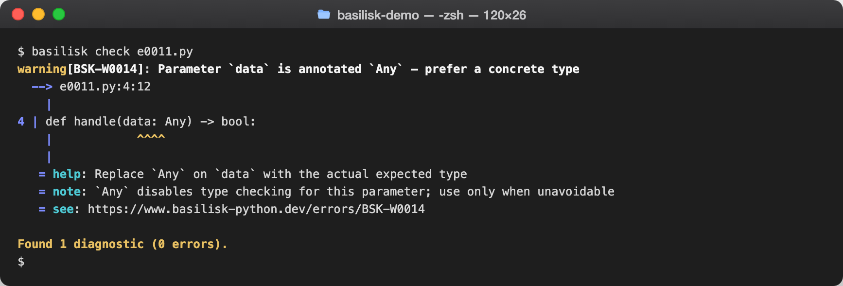 basilisk check output reporting BSK-W0014 — Explicit `Any` annotation