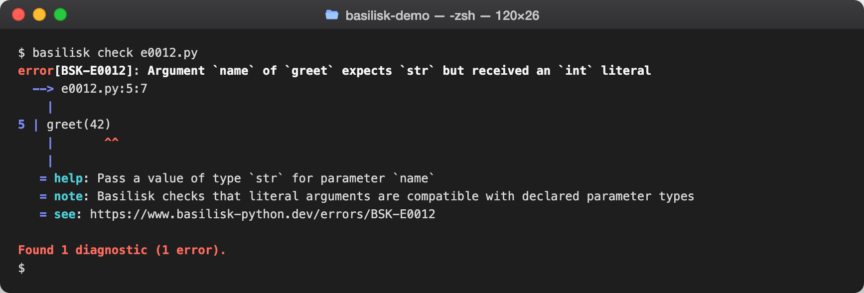 basilisk check output reporting BSK-E0012 — Argument type mismatch at a call site