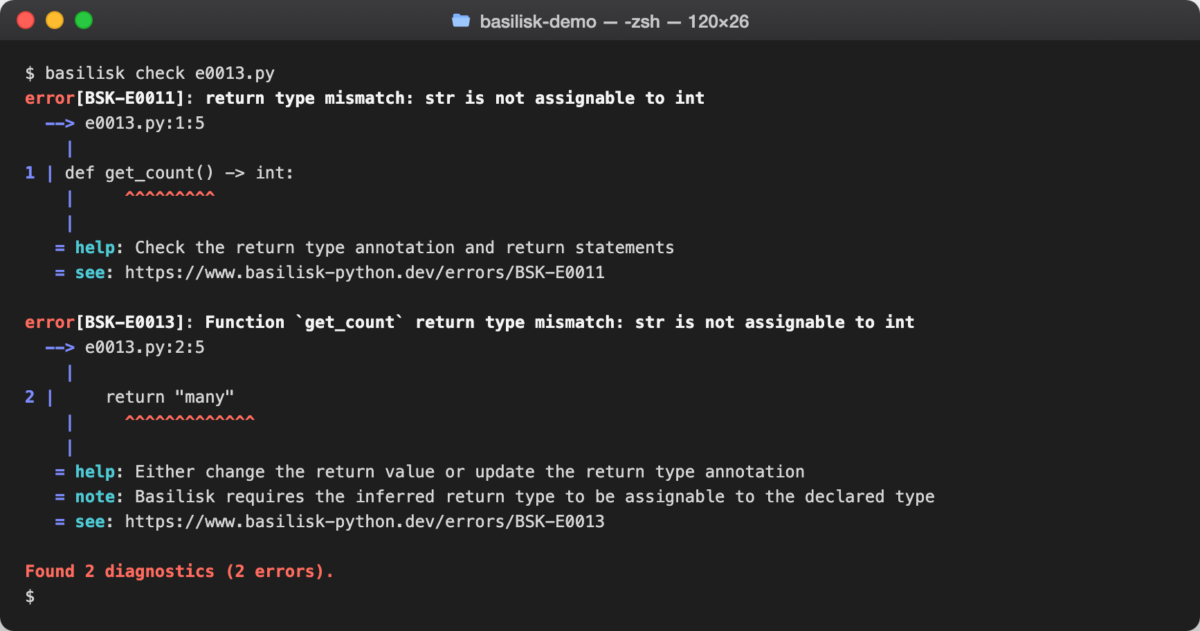 basilisk check output reporting BSK-E0013 — Return type mismatch — inferred return type incompatible with annotation