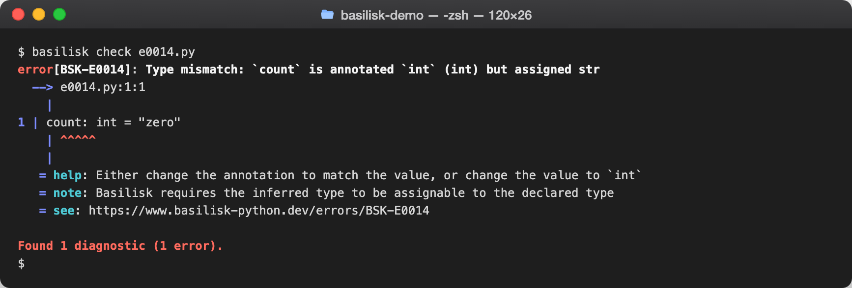 basilisk check output reporting BSK-E0014 — Assignment type incompatibility (literal mismatches)