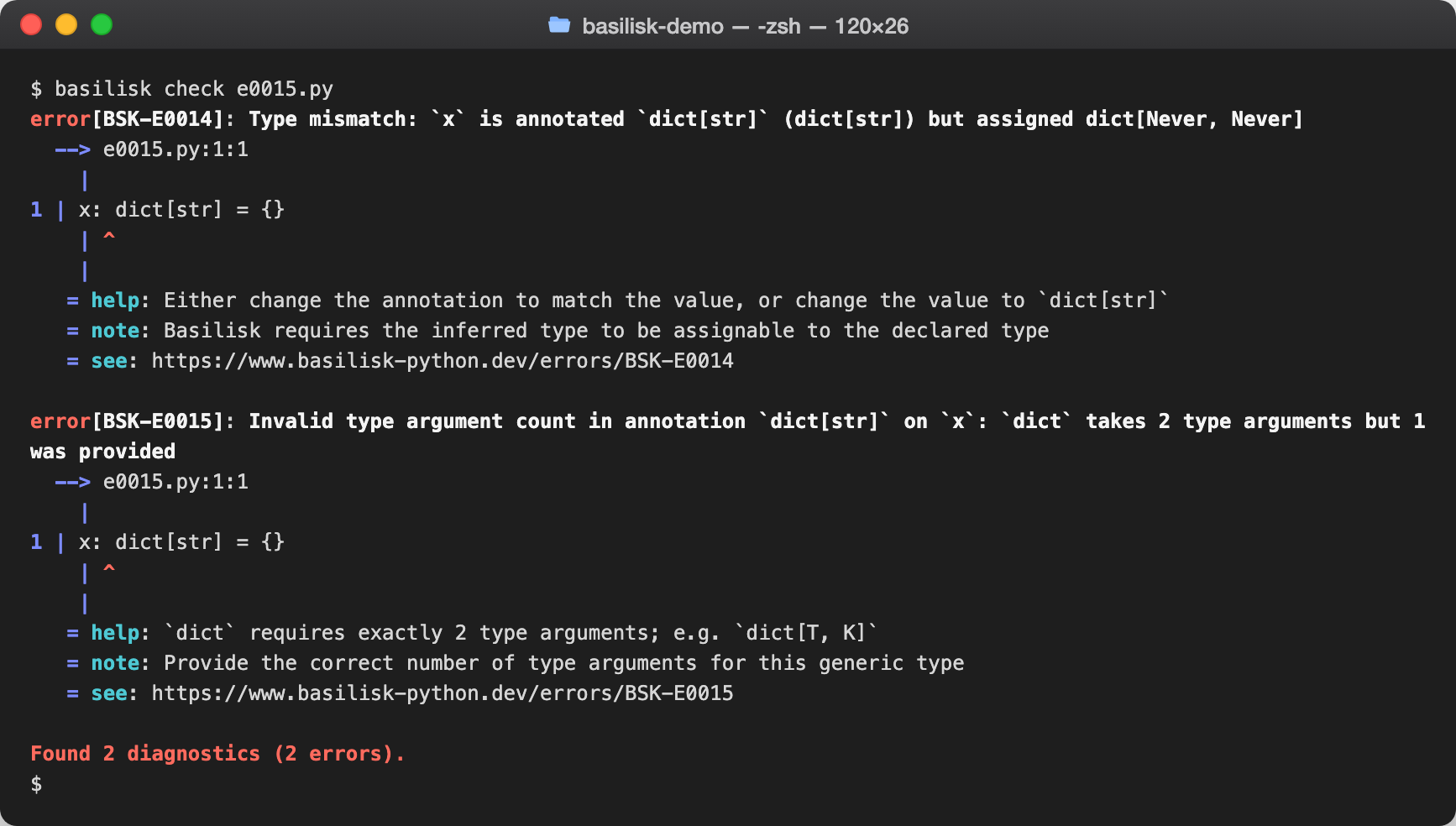 basilisk check output reporting BSK-E0015 — Invalid type argument count or form