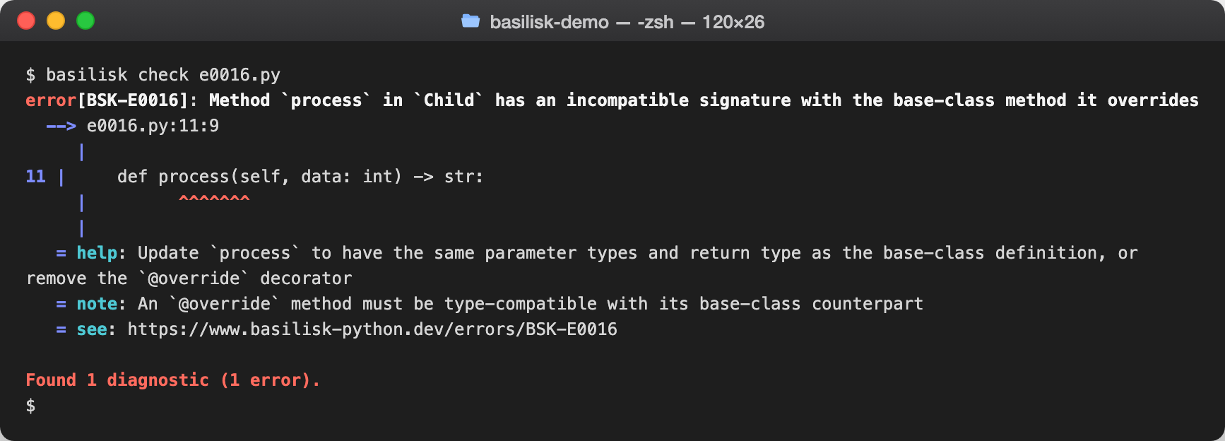 basilisk check output reporting BSK-E0016 — Incompatible method override