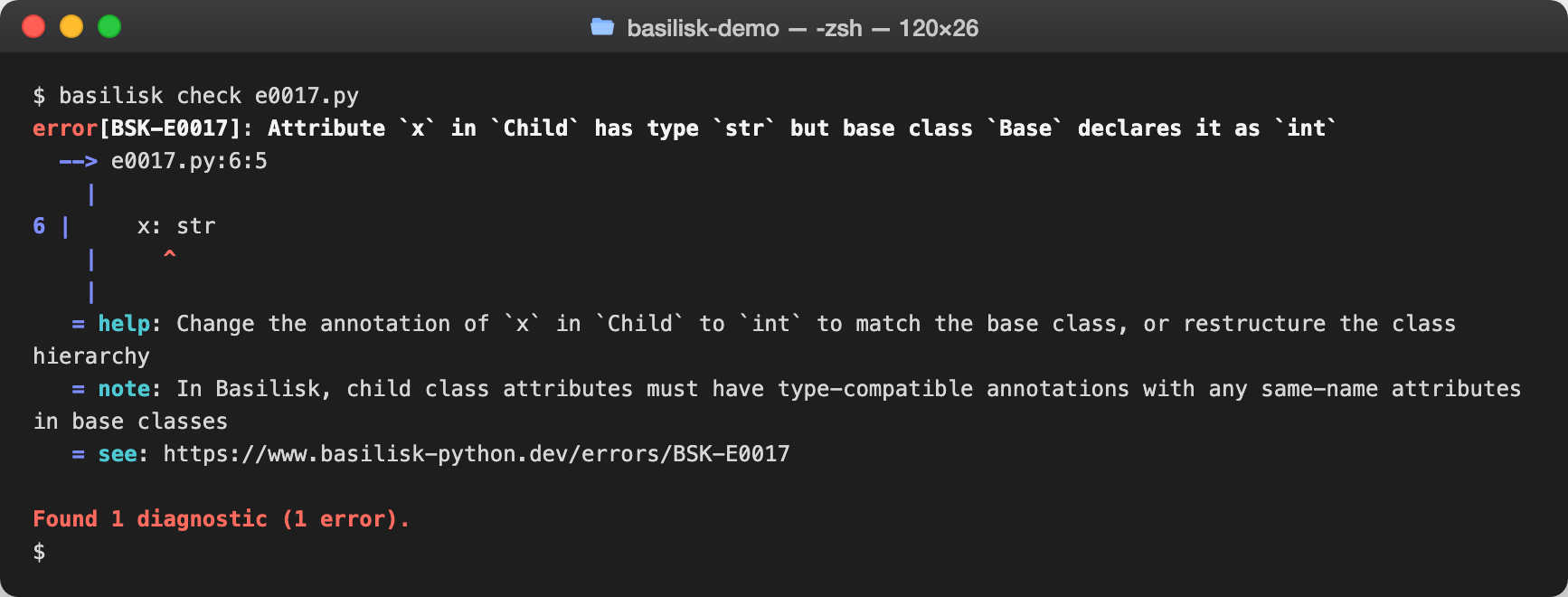 basilisk check output reporting BSK-E0017 — Incompatible class attribute override