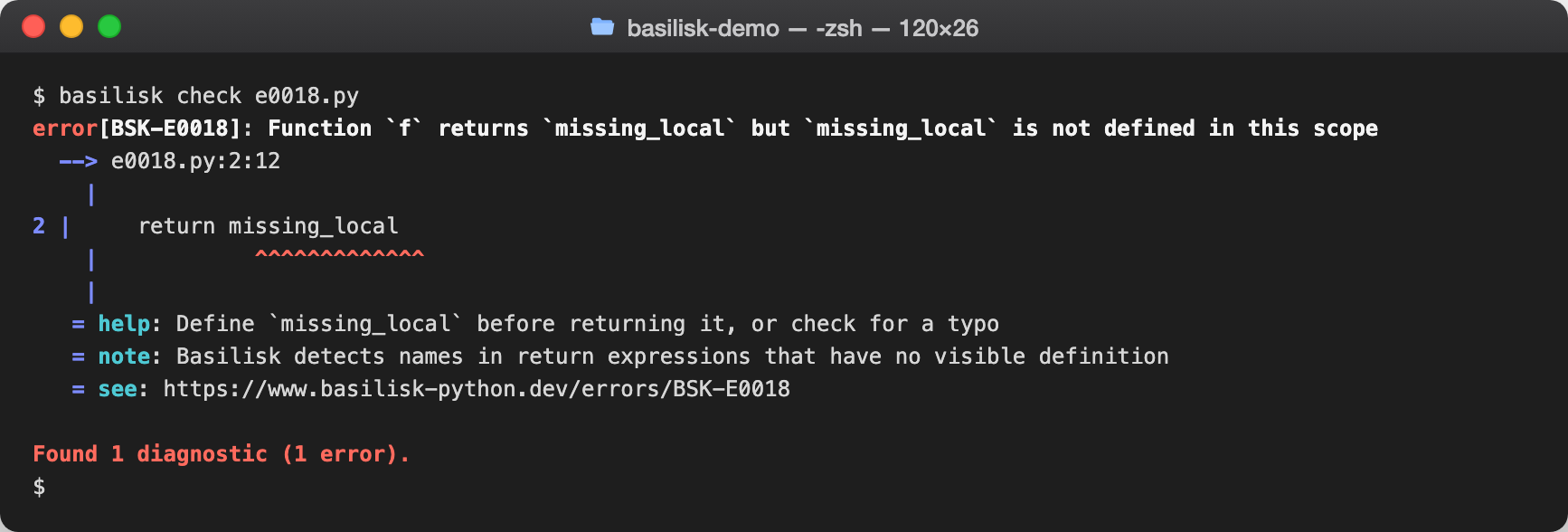 basilisk check output reporting BSK-E0018 — Undefined variable used in a return statement