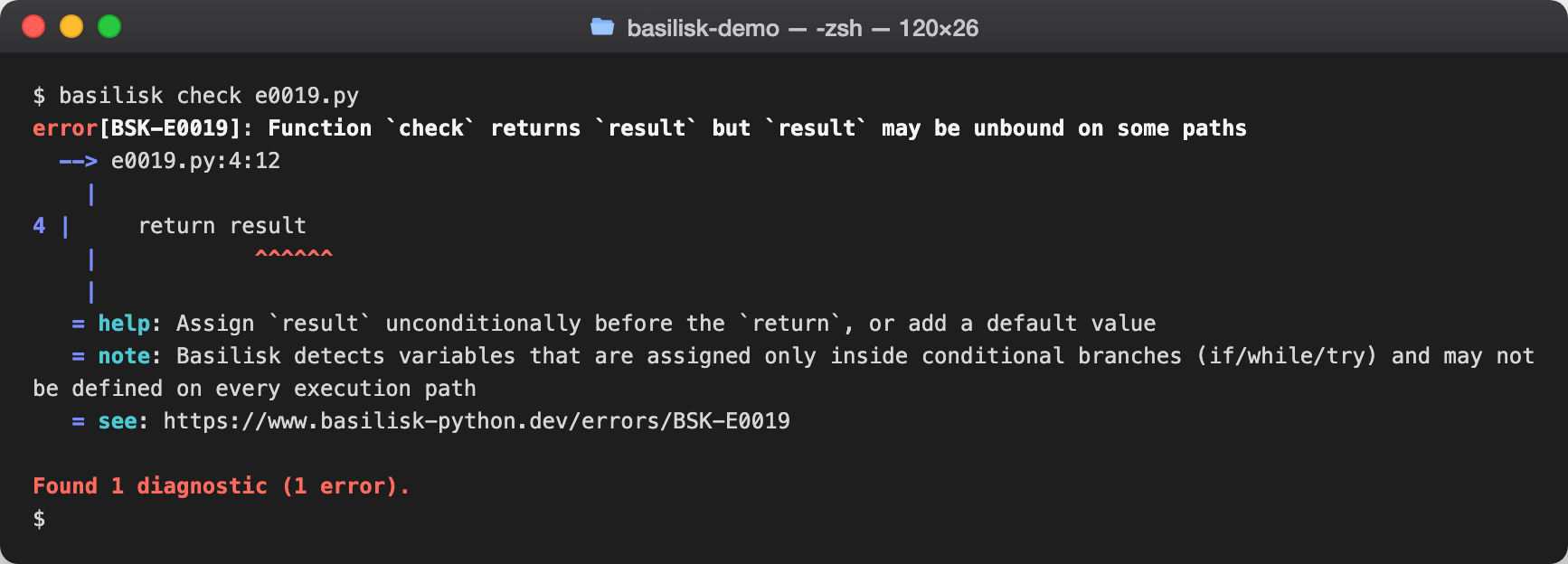 basilisk check output reporting BSK-E0019 — Unbound variable on some code paths