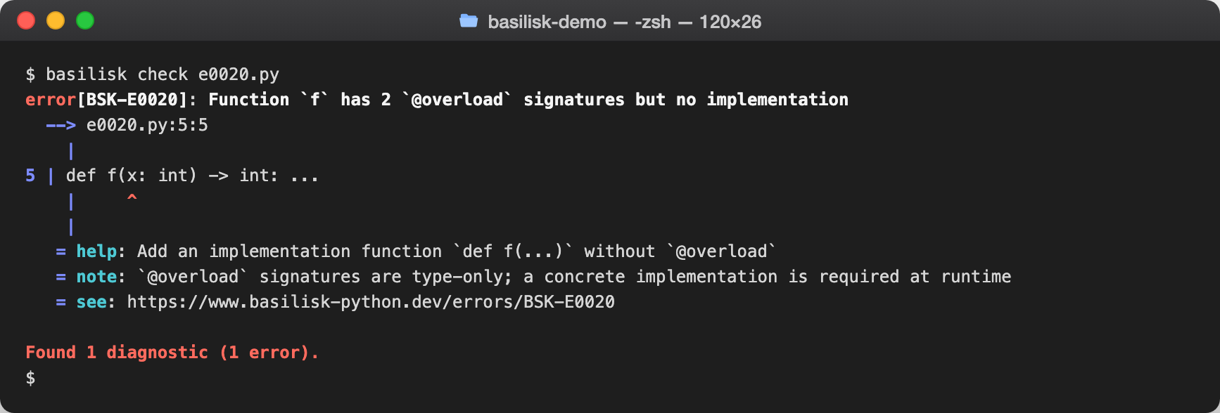 basilisk check output reporting BSK-E0020 — Missing `@overload` implementation
