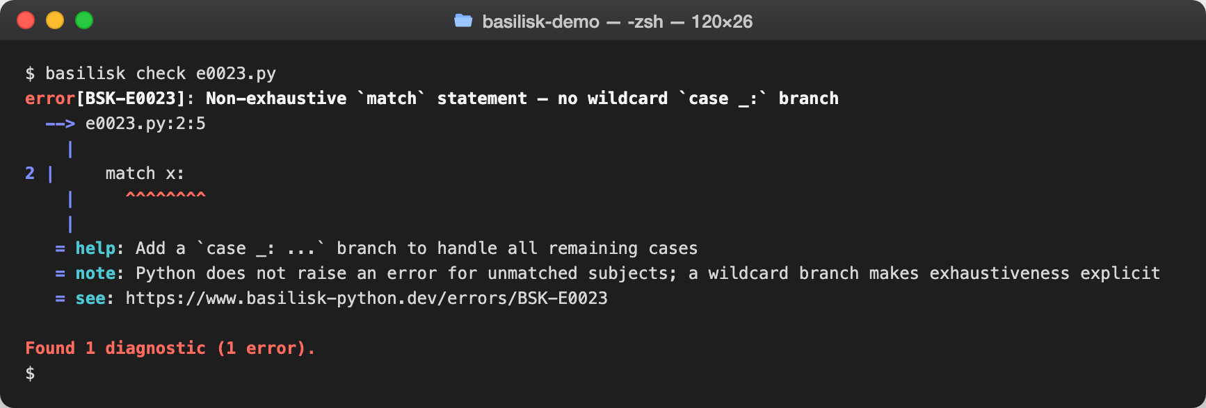 basilisk check output reporting BSK-E0023 — Non-exhaustive `match` statement