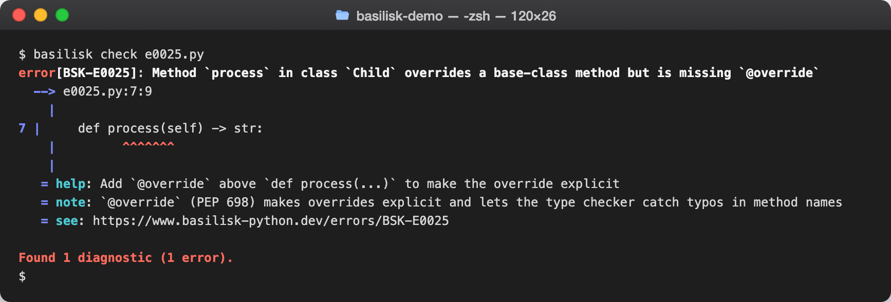 basilisk check output reporting BSK-E0025 — Missing `@override` decorator