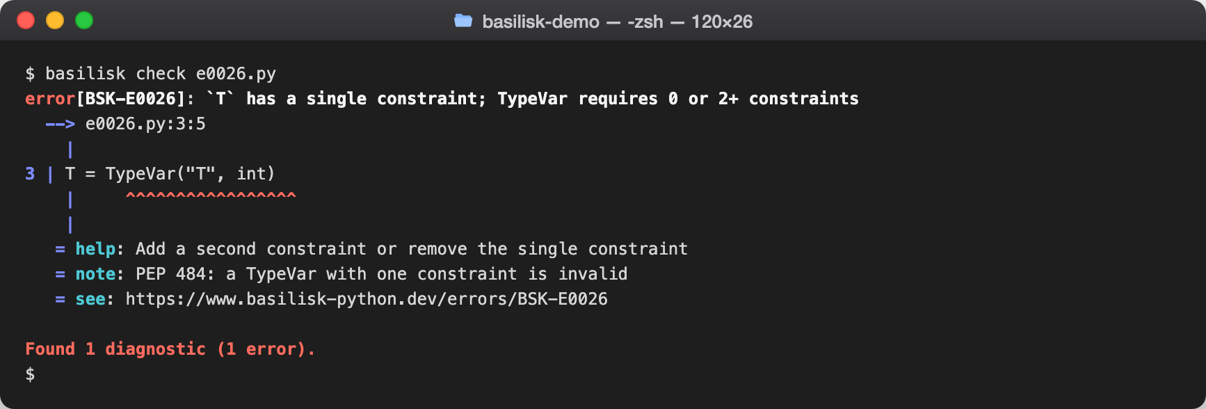 basilisk check output reporting BSK-E0026 — `TypeVar` declared with exactly one constraint