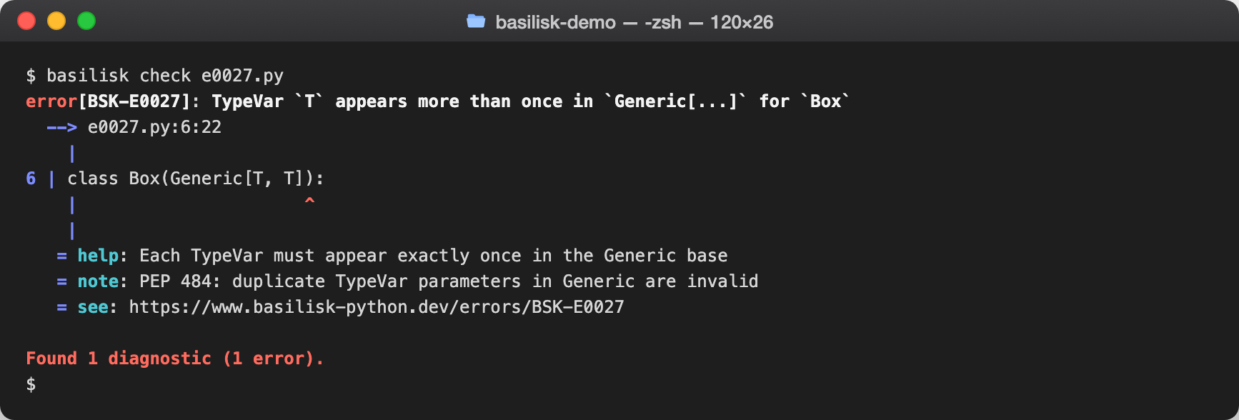 basilisk check output reporting BSK-E0027 — Duplicate `TypeVar` in a `Generic[...]` base