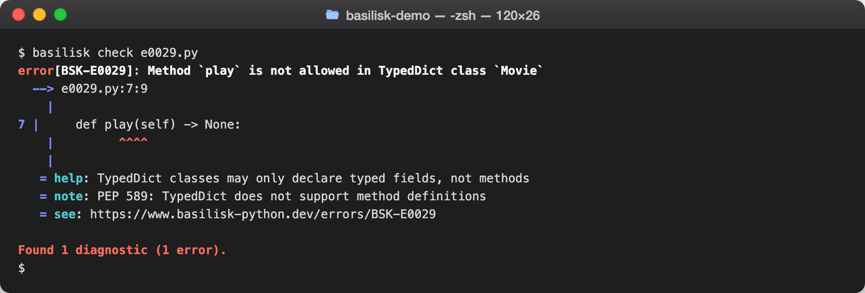 basilisk check output reporting BSK-E0029 — Method defined inside a `TypedDict` class