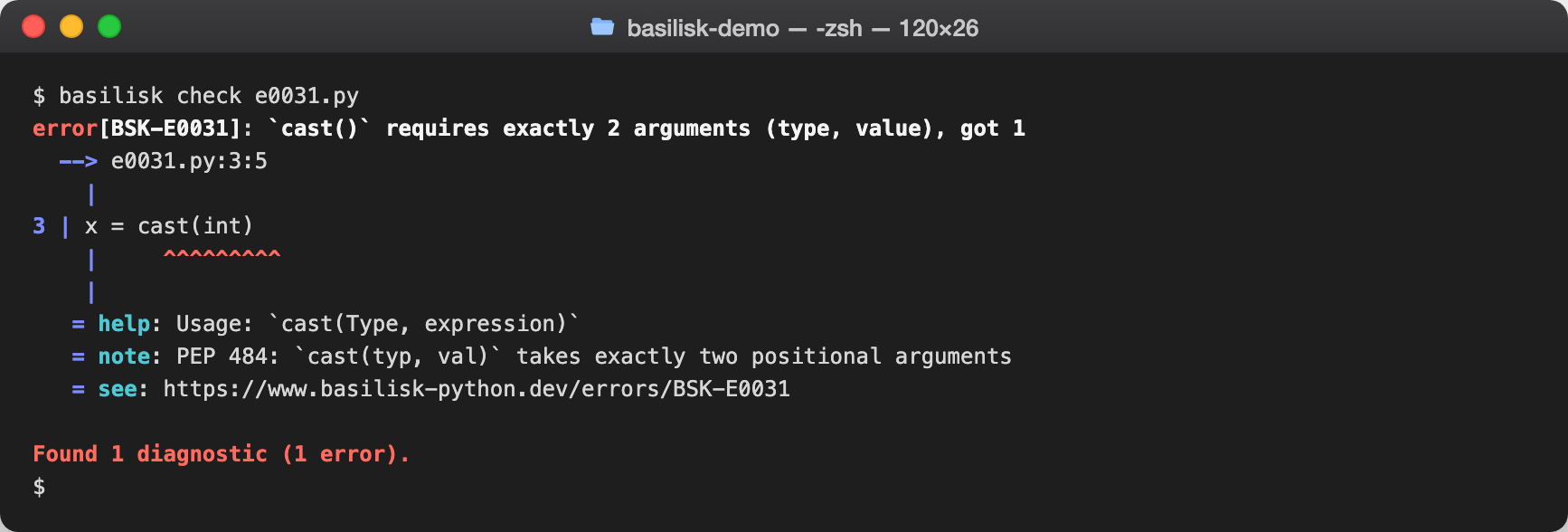 basilisk check output reporting BSK-E0031 — Invalid `cast()` call