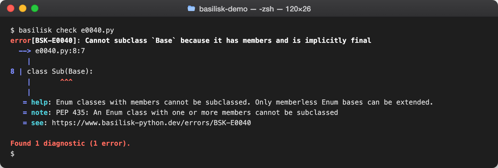 basilisk check output reporting BSK-E0040 — Invalid Enum subclassing