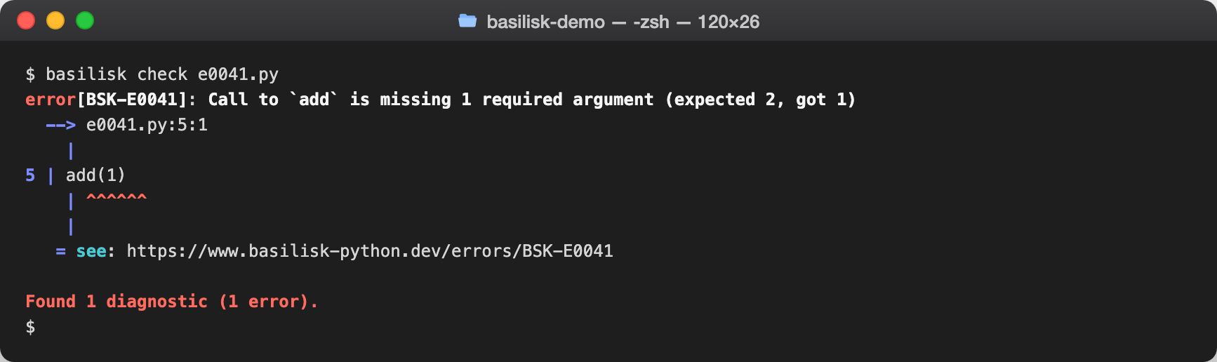 basilisk check output reporting BSK-E0041 — Too few arguments in a function call