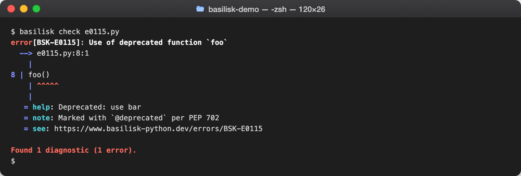 basilisk check output reporting BSK-E0115 — Use of deprecated class, function, or method